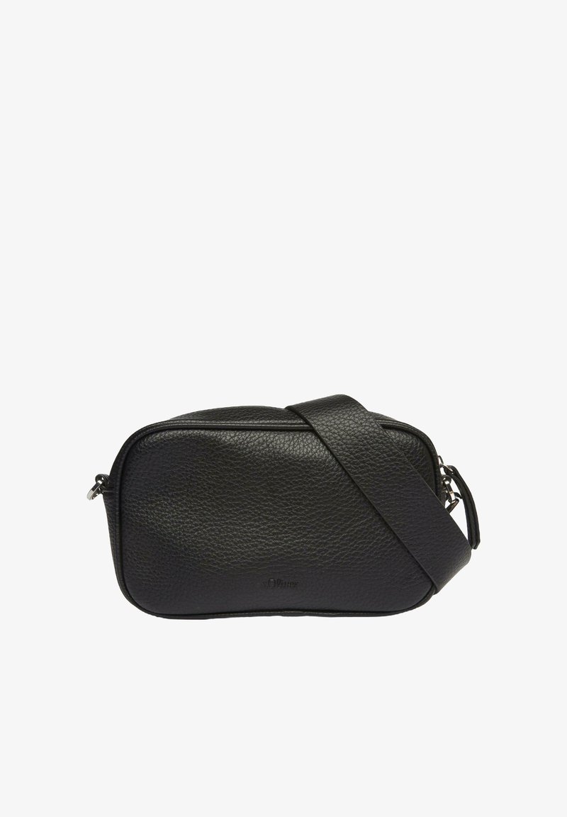 Schwarze Umhängetasche aus strukturiertem Leder. Verfügt über eine rechteckige Form, einen Reißverschluss und einen verstellbaren Trageriemen. Minimalistisches Design mit Logodetail.
