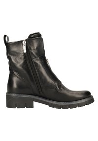 Bottines en cuir noir avec une finition texturée, dotées de double zip sur les côtés, d'un talon épais et d'une semelle en caoutchouc crantée.