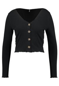 Svart kortärmad cardigan med långa ärmar, ribbad textur, V-hals och fem cirkulära knappar framtill. Fransdetalj vid nederkanten.