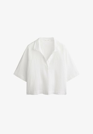 White, short-sleeved collared shirt made of lightweight fabric. Features a front placket and a textured surface with a relaxed fit.