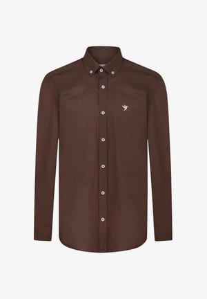 Kaffee-braunes Langarmhemd aus weichem Stoff. Verfügt über einen klassischen Kragen, weiße Knöpfe und ein kleines, gesticktes Logo auf der Brust.