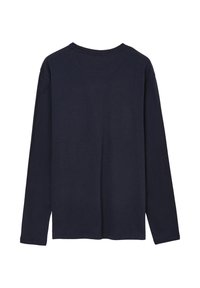 Maglietta a maniche lunghe blu navy in cotone con scollo rotondo e orlo dritto. Tessuto uniforme, senza motivi o dettagli aggiuntivi.