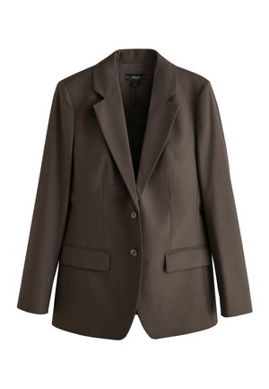Dark brown tailored blazer with notch lapels, two-button closure, long sleeves, and flap pockets on both sides.