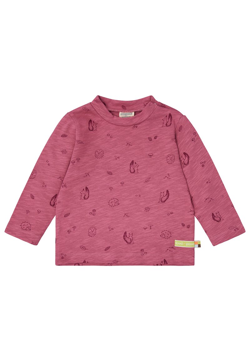 Camicia a maniche lunghe rosa realizzata in tessuto morbido, caratterizzata da un motivo ripetuto di ricci, scoiattoli ed elementi naturali. Etichetta laterale.