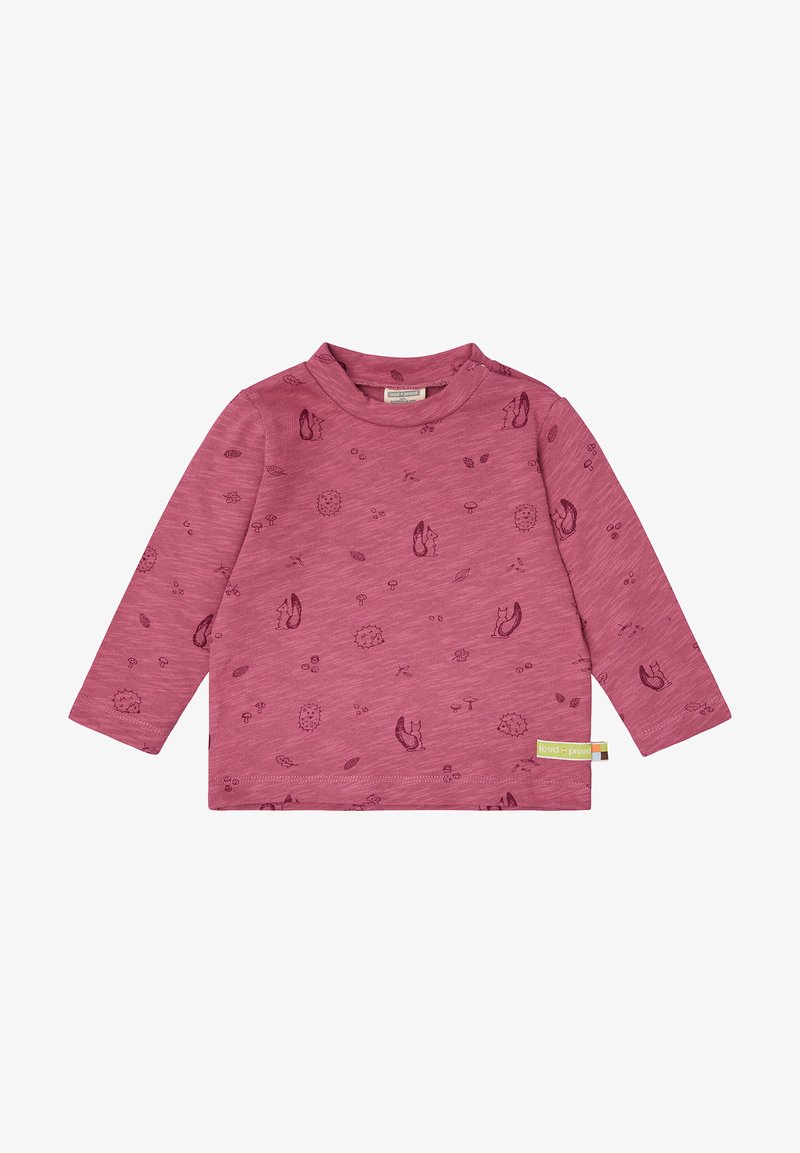 Rosa Langarmshirt aus weichem Stoff, mit einem wiederholten Muster von Igeln, Eichhörnchen und Naturelementen. Etikett an der Seite.