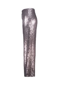 Broek met rechte pijpen, bedekt met pailletten in een metallic rozenkleur. Glanzende textuur met een nauwsluitende taille en zonder zichtbare sluitingen of zakken.