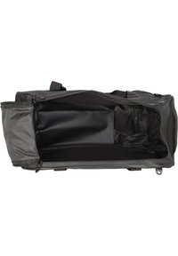Black duffle bag with a spacious interior, smooth synthetic material, two side pockets, and a top zipper closure.