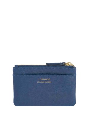 Portefeuille zippé en cuir bleu avec une poche avant, une fermeture éclair dorée et le texte "Loxwood Le Cabas Parisien" embossé en doré.