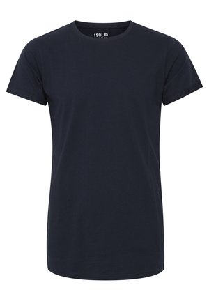 Maglietta a maniche corte blu navy scuro, con collo a giro e vestibilità slim, priva di loghi o design visibili.