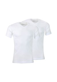 Deux t-shirts en coton blanc, col en v, à manches courtes, texture lisse, design ajusté, couture minimale, même longueur.