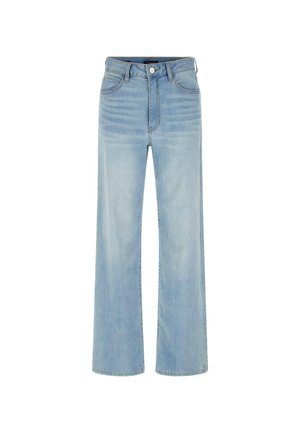 Light blue wide-leg denim jeans with a high waist, five pockets, and a subtle faded texture. Features silver hardware and stitched detailing.