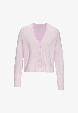 Cardigan court rose clair en tissu tricoté, avec un col en V, une fermeture à cinq boutons et un ourlet et des poignets côtelés.
