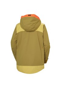 Wasserabweisende Jacke in Olivgrün mit gelben und orangefarbenen Akzenten. Verfügt über eine Kapuze, einen Reißverschluss und einen leicht verlängerten Rücken.