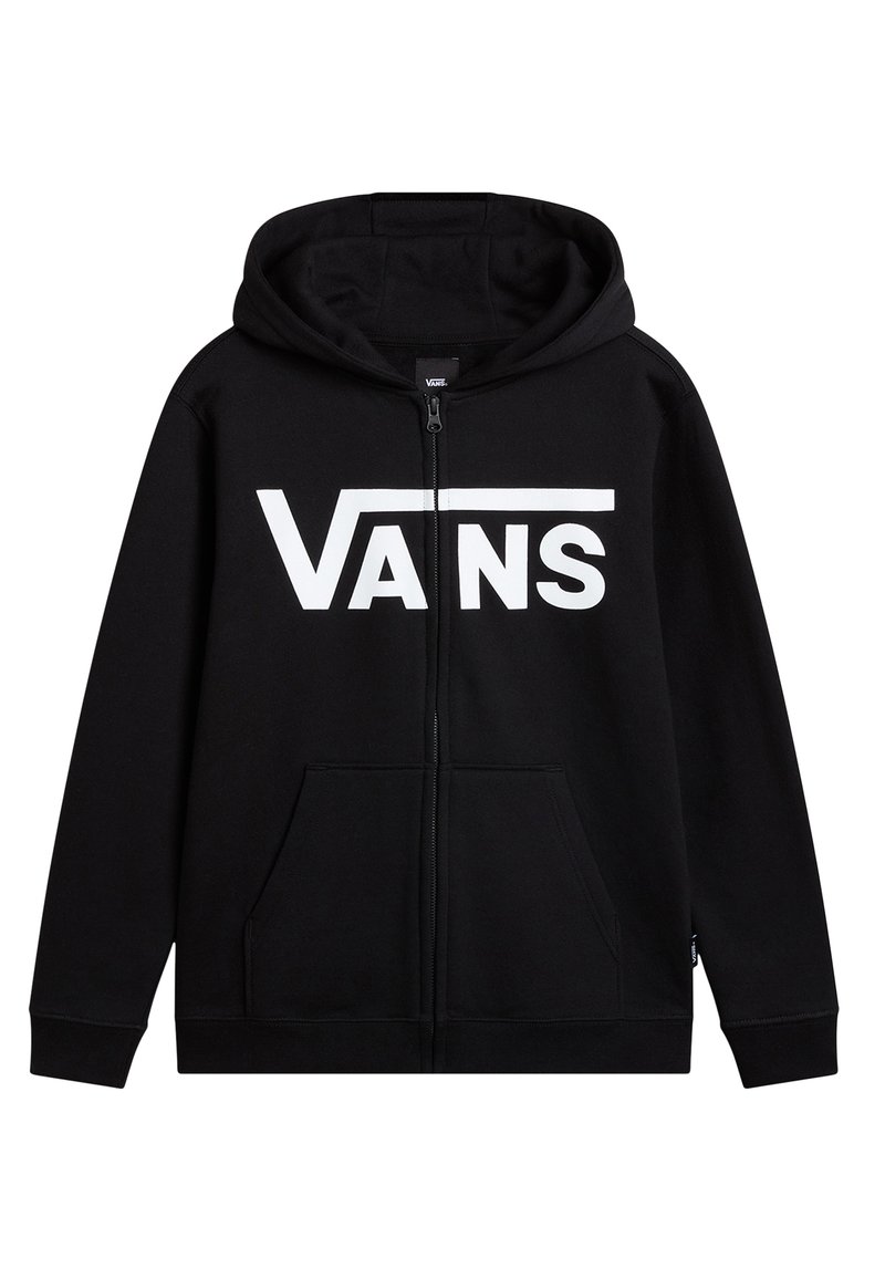 Zwarte zip-up hoodie gemaakt van fleecestof. Voorzien van een groot wit "VANS" logo aan de voorkant, kangoeroezakken en een capuchon met trekkoord.