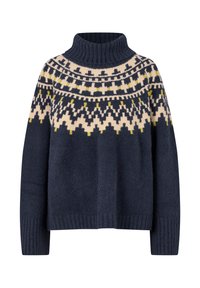 Granatowy sweter z dzianiny z wysokim prążkowanym kołnierzem, ozdobiony kremowym, czarnym i żółtym geometrycznym wzorem na górnej części oraz prążkowanymi mankietami.