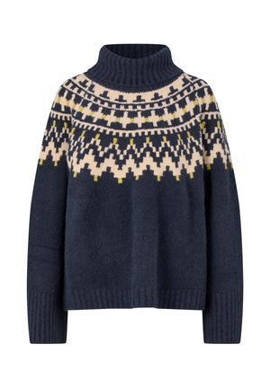 Maglione lavorato a maglia blu navy con colletto alto a costine, caratterizzato da un motivo geometrico crema, nero e giallo nella parte superiore e polsini a costine.