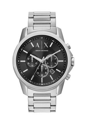 Zilverkleurig metalen Armani Exchange polshorloge met zwarte wijzerplaat, drie chronograafsubdials, datumvenster en stiftuurmarkeringen.