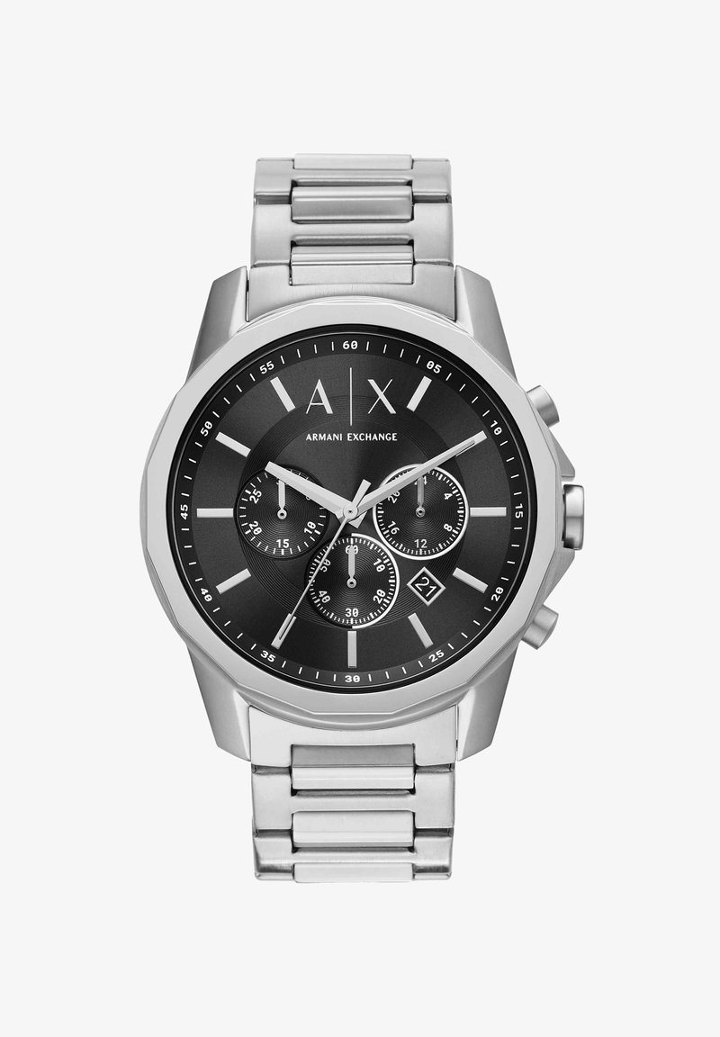 Montre-bracelet en métal argenté Armani Exchange avec cadran noir, trois sous-cadrans de chronographe, guichet de date et index bâtons.