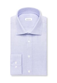 Chemise habillée bleu clair texturée pliée avec col large et boutons blancs, étiquetée Seidensticker.