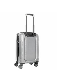 Zilveren harde koffer met een uitschuifbare handgreep, vier wielen, een gladde textuur en een strak ontwerp met subtiele lijnaccenten.