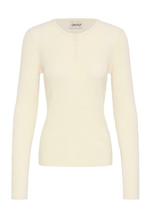 Kremfarget langermet topp laget av ribbestrikket materiale, med rund hals og tre-knapps lukking foran.