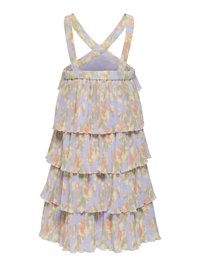 Robe sans manches à volants avec bretelles croisées et motif floral pastel aux couleurs douces violet, orange, jaune et vert.