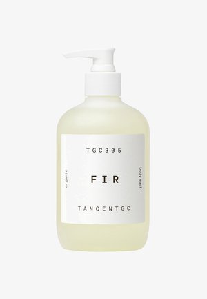 Flacone trasparente in plastica con pompa per gel doccia, etichetta bianca opaca. Il testo in nero include "FIR", "TGC305" e "biologico". Liquido giallo chiaro all'interno.
