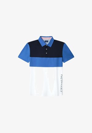 Short-sleeve polo shirt featuring a color-block design in navy, blue, and white. Includes a buttoned collar and logo on the side.