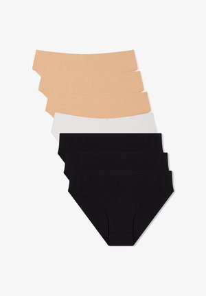 Set di sei mutande da donna in vari colori: due tonalità della pelle, bianco e tre neri. Tessuto liscio, design senza cuciture, diverse misure.