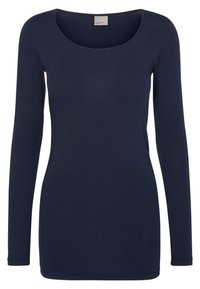 Granatowa bluzka z długim rękawem i okrągłym dekoltem, wykonana z miękkiego, lekkiego materiału. Dopasowany krój z prostym wykończeniem. 