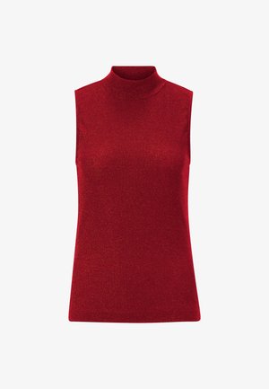 Czerwona podkoszulka bez rękawów z wysokim kołnierzem, wykonana z dzianiny o subtelnym połysku. Gładka tekstura i dopasowany krój. Bez dodatkowych ozdób.