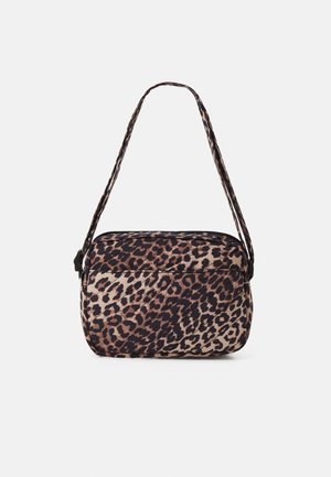 Petit sac bandoulière rectangulaire avec sangle réglable et motif léopard marron sur tissu.
