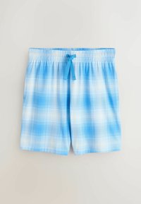 Shorts à carreaux bleu clair et blanc avec taille élastique et cordon bleu, posés à plat sur une surface neutre.