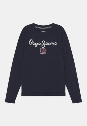 Sweatshirt bleu marine à manches longues, poignets côtelés et col rond. Présente le texte "Pepe Jeans" en écriture blanche et un petit patch logo.
