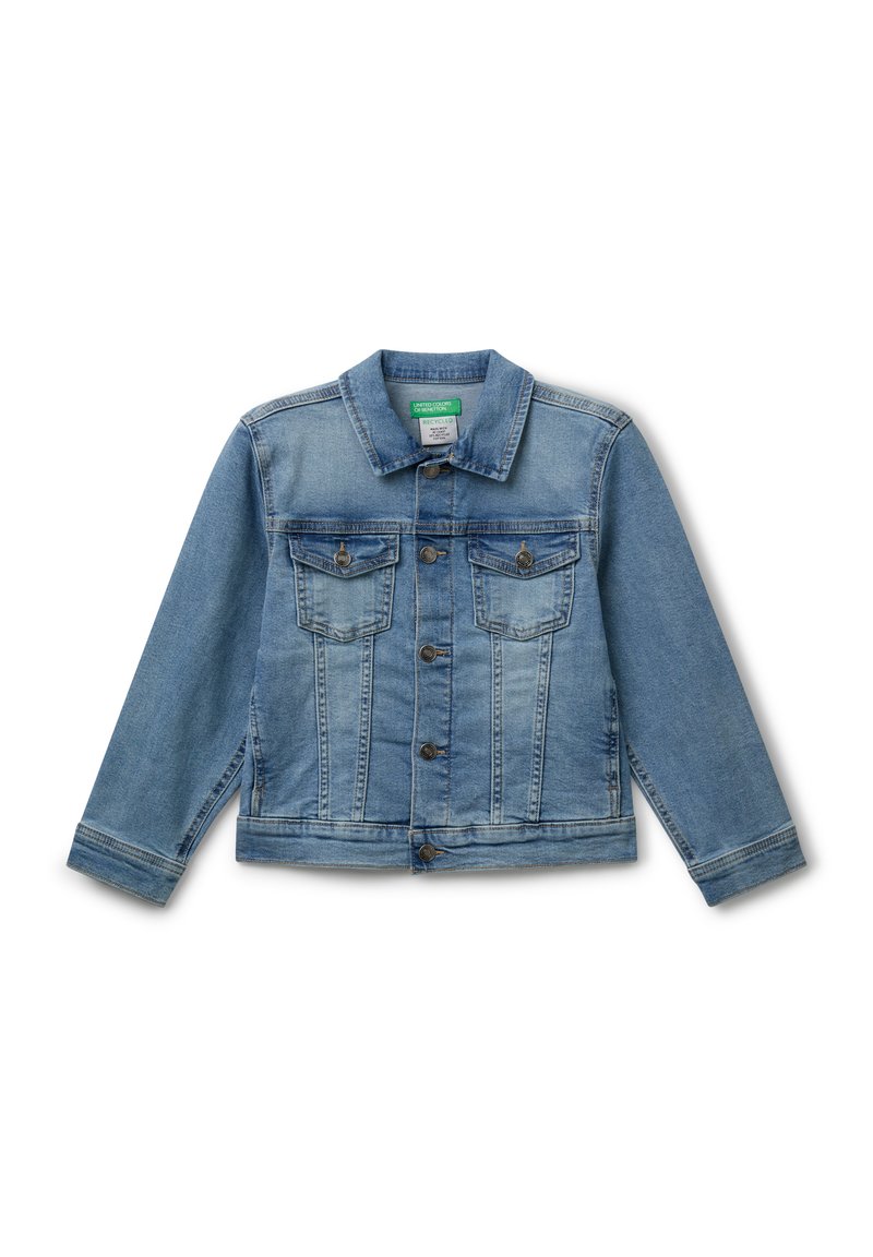 Hellblaue Jeansjacke mit klassischem Kragen, zwei Brusttaschen und Knopfverschlüssen. Hat eine leicht ausgebleichte Textur und eine taillierte Passform.