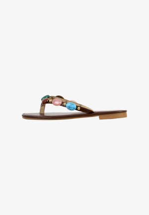 Brown flat sandal with toe strap decorated with multicolored oval beads and small gold studs, on a white background.