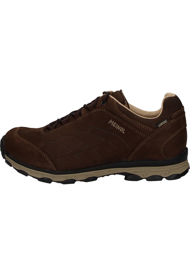 Braune Wildlederschuhe für Wanderungen mit strukturiertem Design, schwarz-gummierter Sohle und verstärkten Akzenten; verfügt über ein Schnürsystem und Markenlogo.
