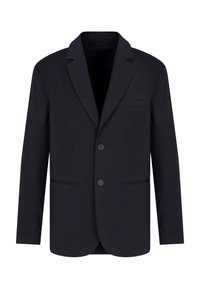 Blazer navy realizzato in tessuto con texture liscia, caratterizzato da un colletto a rever, due bottoni e tasche frontali con cuciture sottili.