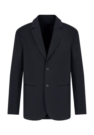 Blazer navy realizzato in tessuto con texture liscia, caratterizzato da un colletto a rever, due bottoni e tasche frontali con cuciture sottili.