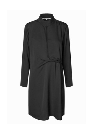 Black long-sleeve dress with a collared neck, front placket, and gathered waist detail. Made from smooth fabric with a flowy hemline.
