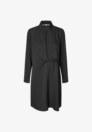 Black long-sleeve dress with a collared neck, front placket, and gathered waist detail. Made from smooth fabric with a flowy hemline.