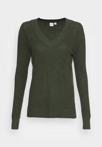 Dunkelgrüner V-Ausschnitt-Pullover mit langen Ärmeln, strukturiertem Strickmuster, gerippten Manschetten und Saum, aus weichem Material für Komfort.