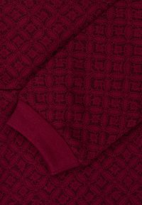 Burgunderfarbener Strickpullover mit einem strukturierten Muster aus ineinander greifenden Formen und gerippten Bündchen. Weiches Material mit einer glatten Oberfläche.