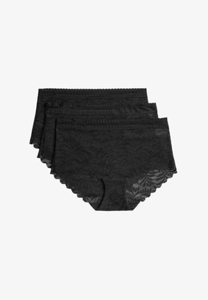 Culottes en dentelle noire avec un motif floral, des bords festonnés et une texture lisse. Ensemble de trois pièces avec un tissu doux et extensible.