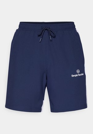 Tumši zili sporta šorti ar elastīgu jostasvietu, auklu un baltām sānu detaļām. Uz kreisā augšstilba atrodas logo.
