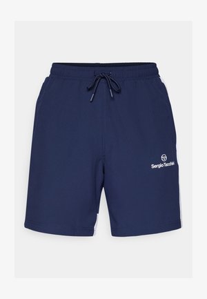 Tumši zili sporta šorti ar elastīgu jostasvietu, auklu un baltām sānu detaļām. Uz kreisā augšstilba atrodas logo.