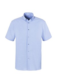 Krátky rukáv, košeľa na gombíky svetlomodrej farby s textúrovaným vzorom, s klasickým golierom a šiestimi kontrastnými gombíkmi na prednej strane.