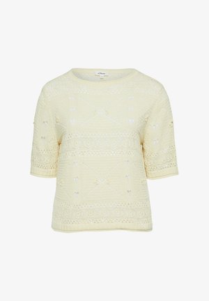 Crèmekleurige gebreide top met korte mouwen, met ingewikkelde kantachtige patronen en een ronde hals.
