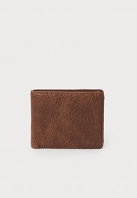 Braune Lederbörse mit strukturiertem Finish, rechteckiger Form, genähten Kanten und einfachem Design. Keine sichtbaren Beschläge oder Muster.
