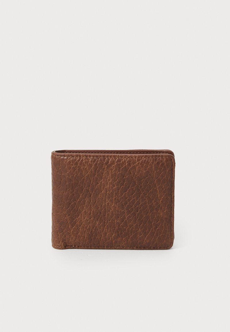 Braune Lederbörse mit strukturiertem Finish, rechteckiger Form, genähten Kanten und einfachem Design. Keine sichtbaren Beschläge oder Muster.